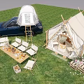 Serene Garden Landscape With Green Grass Camping Tent Wooden Tables Chairs And Blue Car