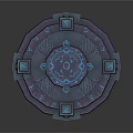 Ancient Magical Circular Platform With Glowing Blue Runes And Square Structures