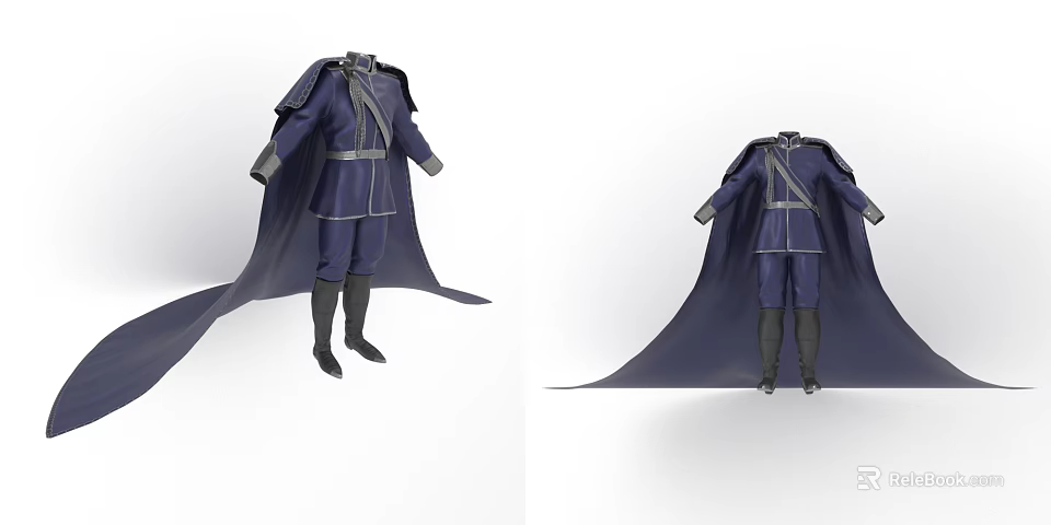 Dark Blue Medieval Style Robe with Long Flowing Cape Belt and Matching Boots 3d model 