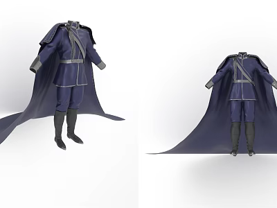 Dark Blue Medieval Style Robe with Long Flowing Cape Belt and Matching Boots 3d model