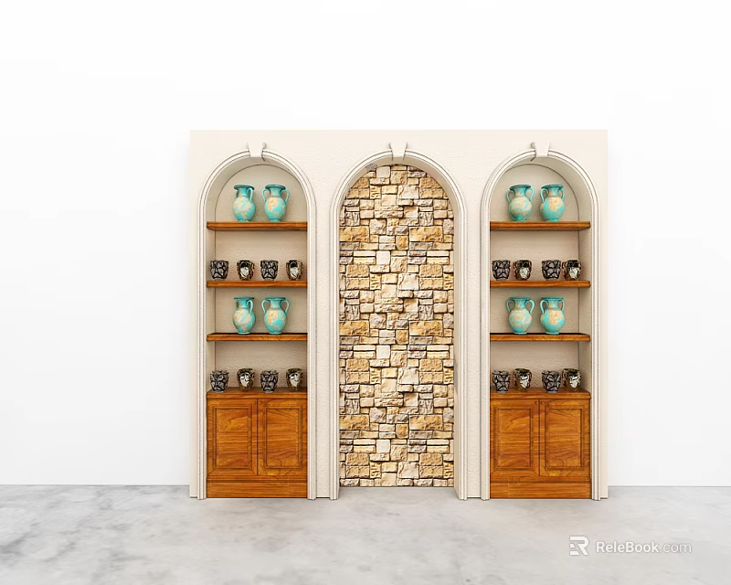 Symmetric Wooden Shelving Units With Green Vases And Black Decor Against Stone Wall In Interior 3d model 