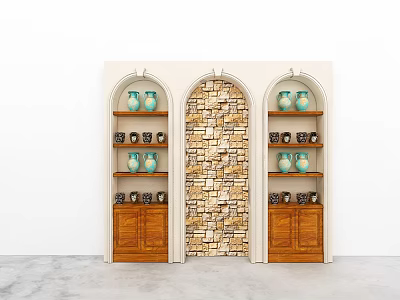 Symmetric Wooden Shelving Units With Green Vases And Black Decor Against Stone Wall In Interior 3d model
