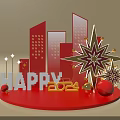2024 Happy Red Photo Check In Spot With Geometric Structures Golden Stars And Orbs