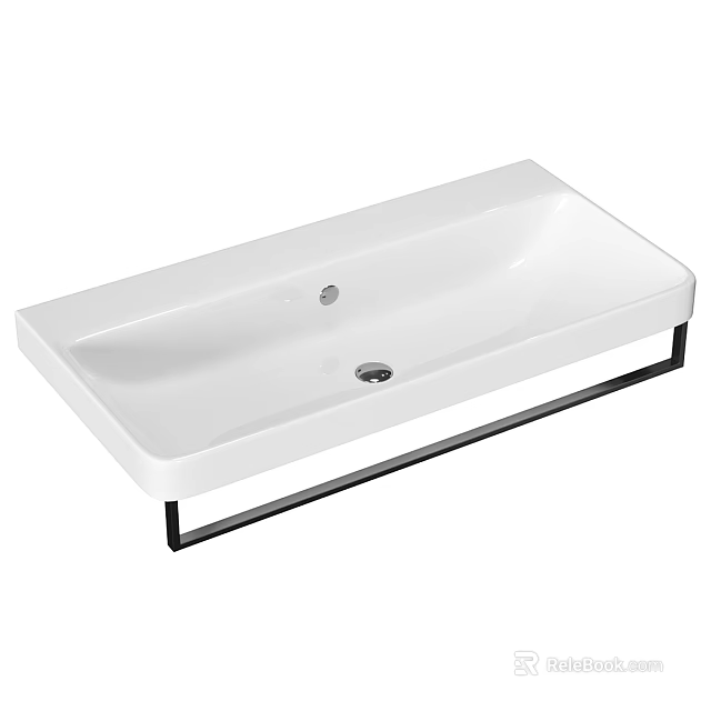 White Rectangular Modern Washbasin With Black Metal Supporting Stand And Drain Hole 3d model