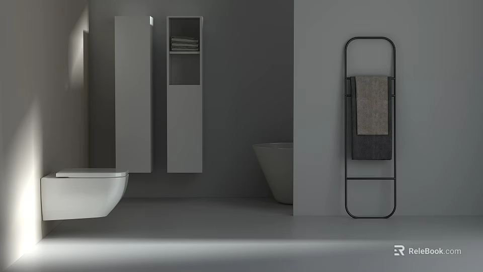 Modern Bathroom Interior With White Toilet Gray Walls Cabinet Bathtub And Black Towel Rack 3d model 