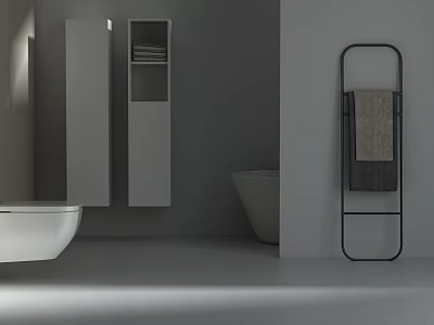 Modern Bathroom Interior With White Toilet Gray Walls Cabinet Bathtub And Black Towel Rack 3d model