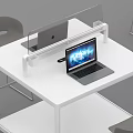Multiple White Office Desks With Laptops And Gray Chairs Arranged In Workspace 3d model