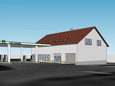 White Gas Station Building With Red Roof Fuel Pumps And ExxonMobil Canopy 3d model