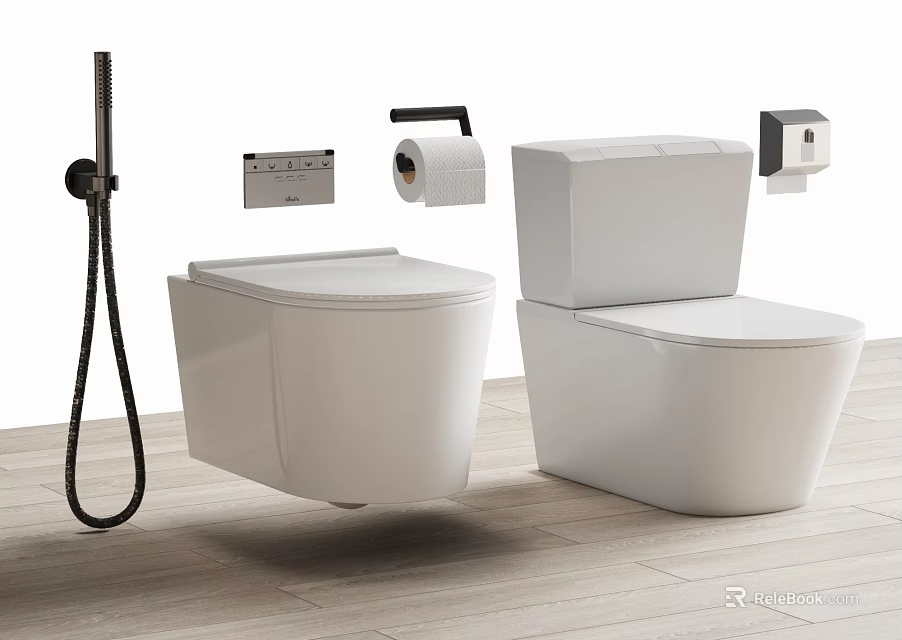 Sleek Modern Toilet Design In Contemporary Bathroom With Shower Head And Paper Holder 3d model 