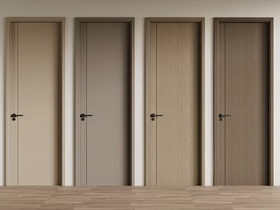 Four Swing Doors In Different Colors With Black Handles And Wooden Floor 3d model