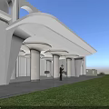 Modern Entrance Gate With Curved Architectural Structure And White Exterior Lighting Design