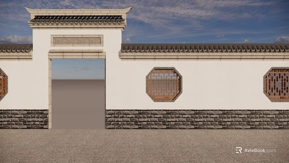 Traditional Chinese Scenic Wall With White Surface Gray Brick Base And Octagonal Window 3d model 