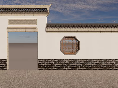 Traditional Chinese Scenic Wall With White Surface Gray Brick Base And Octagonal Window 3d model