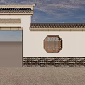 Traditional Chinese Scenic Wall With White Surface Gray Brick Base And Octagonal Window 3d model