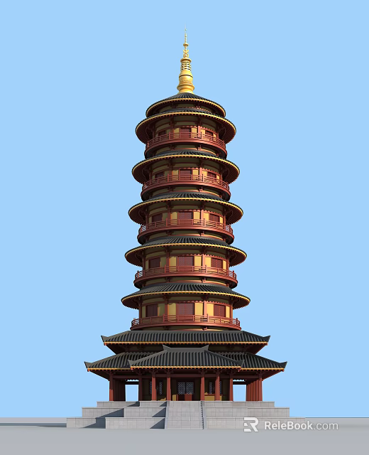 Traditional Chinese Red And Gold Pagoda With Multiple Floors And Curved Eaves Against Blue Sky 3d model 
