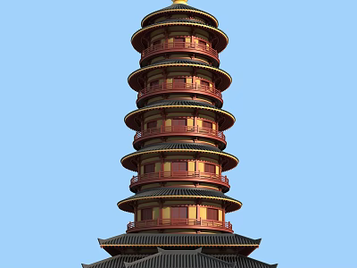 Traditional Chinese Red And Gold Pagoda With Multiple Floors And Curved Eaves Against Blue Sky 3d model
