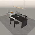 Modern Dining Table Set With Black Top Four Chairs Vase Pendant Light And Kitchen Cabinet