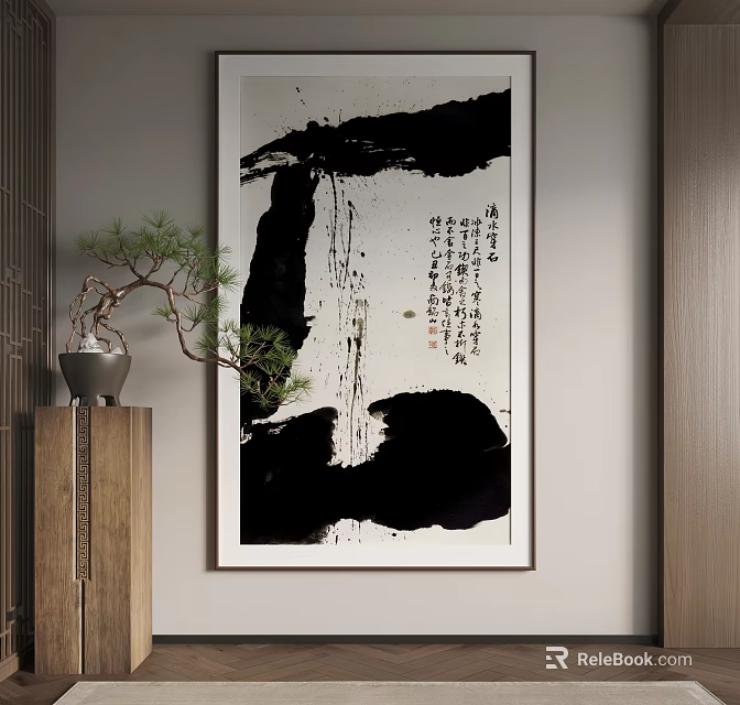 Traditional Chinese Ink Landscape Painting Hanging On Wall With Potted Pine And Wooden Cabinet 3d model 