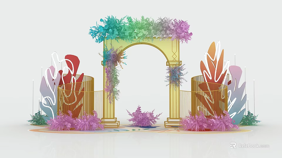 Golden Wedding Arch With Colorful Floral And Leaf Decorations On Side Pillars 3d model