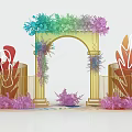 Golden Wedding Arch With Colorful Floral And Leaf Decorations On Side Pillars 3d model