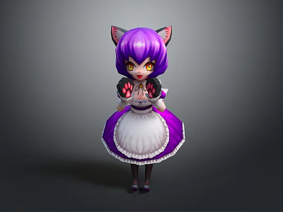 Game Movie Character With Purple Hair Cat Ears Yellow Eyes White Purple Maid Dress 3d model