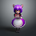 Game Movie Character With Purple Hair Cat Ears Yellow Eyes White Purple Maid Dress