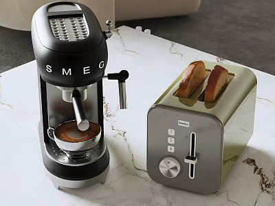 Smart Machines Coffee Maker and Toaster on Marble Countertop With Fresh Coffee Toasted Bread 3d model