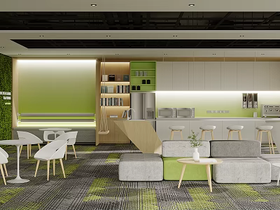 Modern Break Room Interior With Green Wall Sofa Tables Bookshelves And Plants 3d model