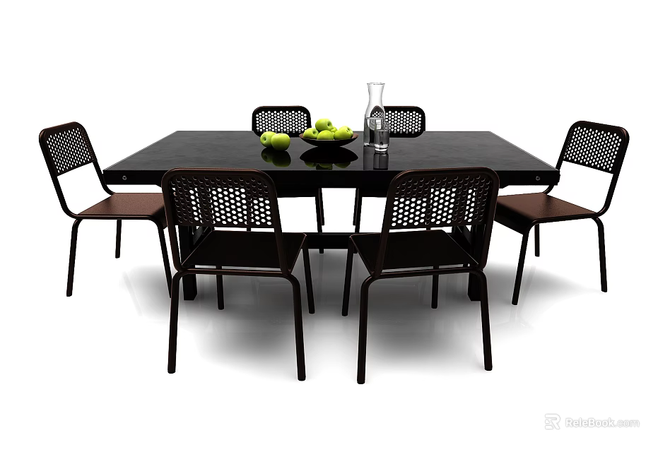 Black Dining Table Set With Rattan Chairs Glass Vase And Fresh Fruits 3d model 