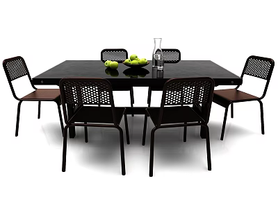 Black Dining Table Set With Rattan Chairs Glass Vase And Fresh Fruits 3d model