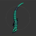 3D Horned Fantasy Creature With Green Blue Stripes And Sharp Teeth