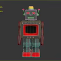 Retro Toy Robot With Yellow Top Red Eyes Black Screen And Red Feet