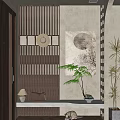 Natural Wooden Entryway Hallway Interior Design With Slat Screen Round Painting And Sunlight Shadow
