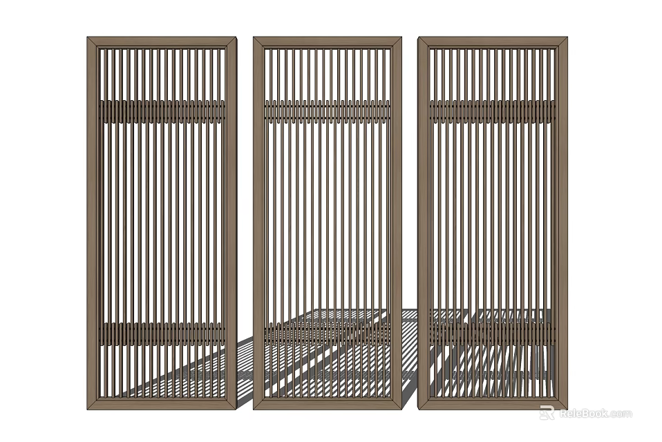 Modern Wooden Room Divider With Vertical Slats And Grid Pattern Design 3d model