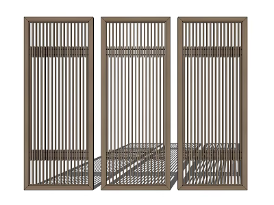 Modern Wooden Room Divider With Vertical Slats And Grid Pattern Design 3d model
