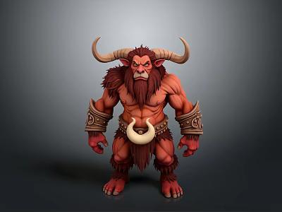 Mythical Red Skinned Monster With Large Horns Muscular Build Fur Armor Bracers And Crescent Pendant 3d model