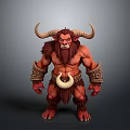 Mythical Red Skinned Monster With Large Horns Muscular Build Fur Armor Bracers And Crescent Pendant