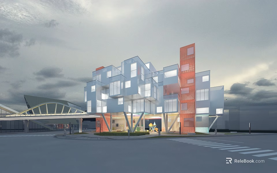 Modern Office Building With Geometric Glass Facade Orange Accent Structures And Arch Bridge 3d model 