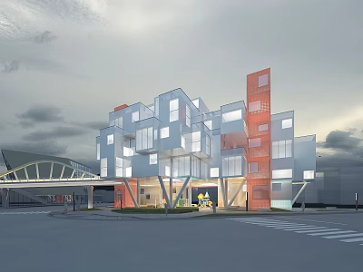 Modern Office Building With Geometric Glass Facade Orange Accent Structures And Arch Bridge 3d model