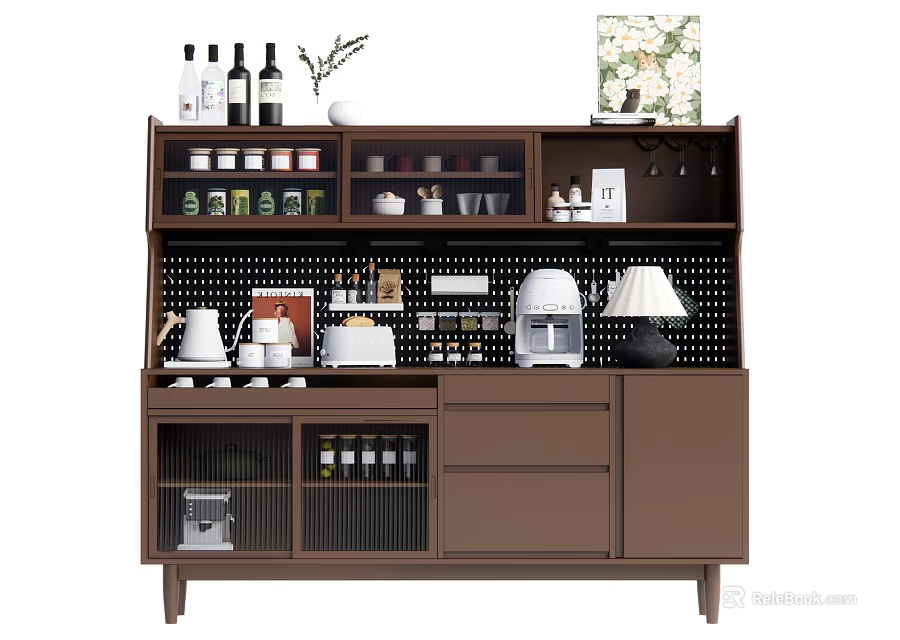 Brown Sideboard With Open Shelves Storage For Wine Bottles Coffee Makers Plants And Decor 3d model 