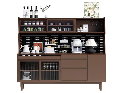 Brown Sideboard With Open Shelves Storage For Wine Bottles Coffee Makers Plants And Decor 3d model