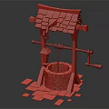 Traditional Garden Ornament Featuring Wooden Roof Stone Well Lantern And Stone Slabs