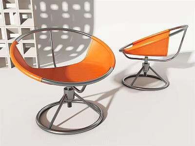 Two Orange Modern Leisure Chairs With Metal Frame And Circular Base Design 3d model