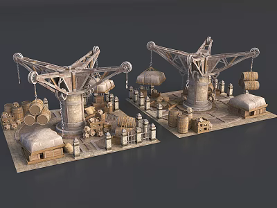 Vintage Industrial Crane Model Scene With Wooden Barrels Crates And Small Huts 3d model
