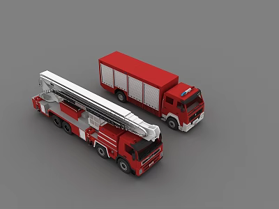 Red Fire Trucks Functional Emergency Vehicles With Ladder And Rescue Equipment 3d model