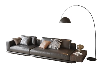 Black Leather Sectional Sofa With Decorative Pillows Floor Lamp And Side Table 3d model