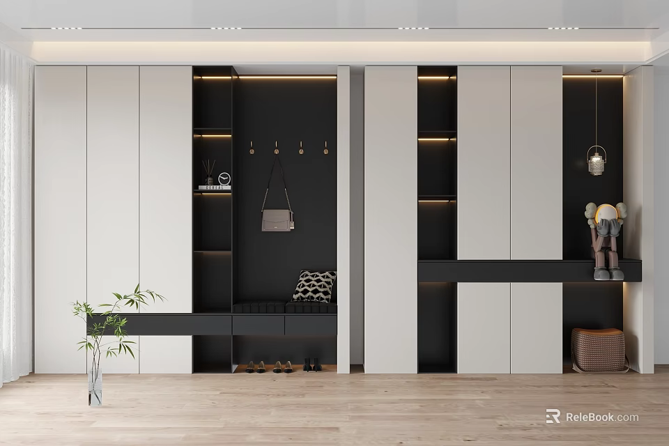 Modern Entryway Cabinet And Side Cabinet With Coat Hooks Shoe Rack And Decorative Plant 3d model 