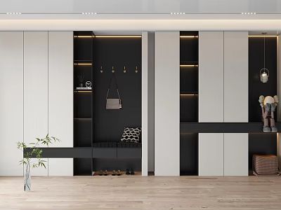 Modern Entryway Cabinet And Side Cabinet With Coat Hooks Shoe Rack And Decorative Plant 3d model