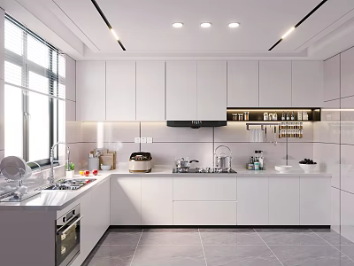 Modern White Kitchen Interior With White Cabinets Clean Countertops And Natural Light 3d model