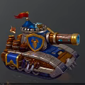 Cartoon Style Military Vehicle Tank With Red Flag Blue Top Golden Shield Barrels Flame Decorations